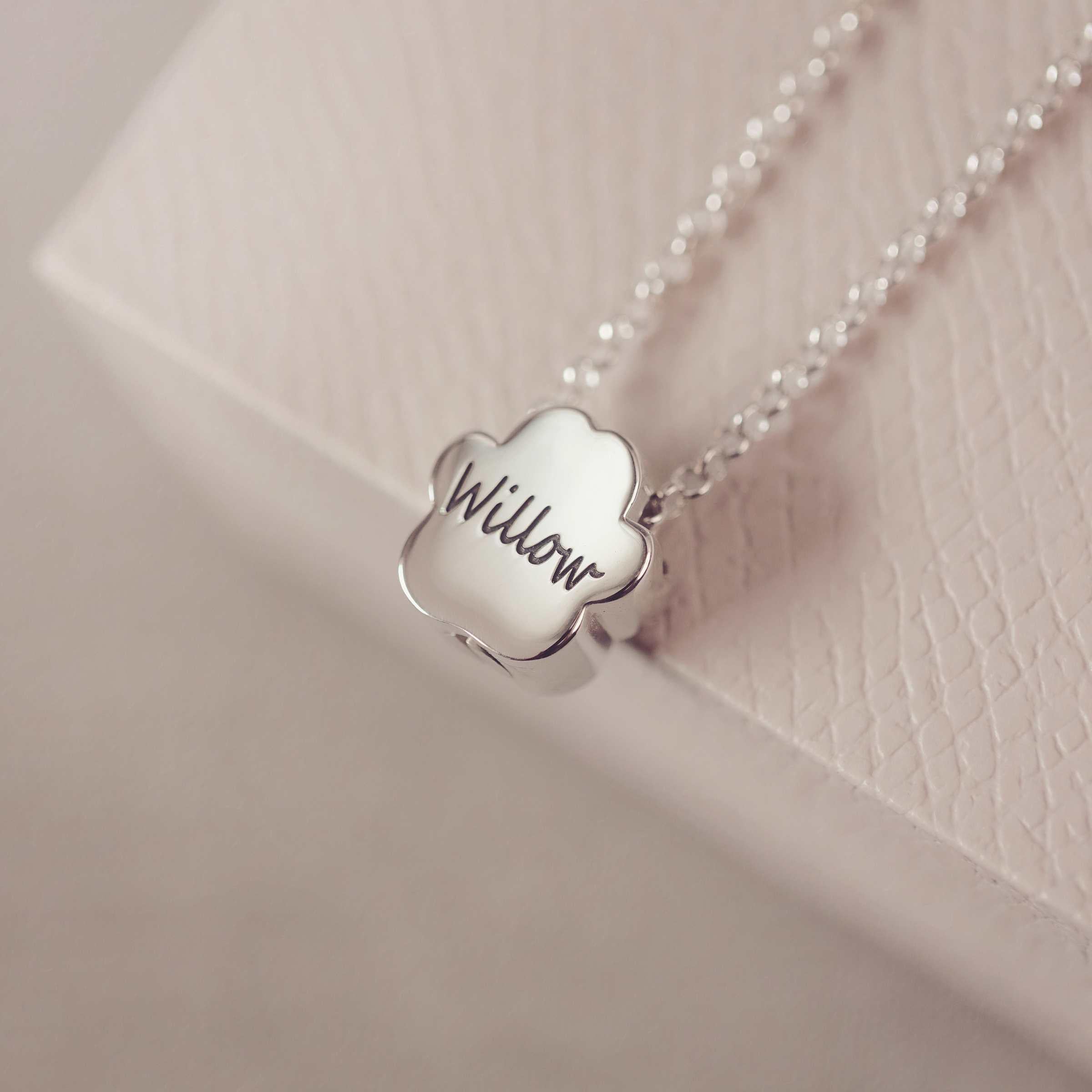 Silver necklace with a paw-shaped pendant engraved with 'Willow' on a light pink background