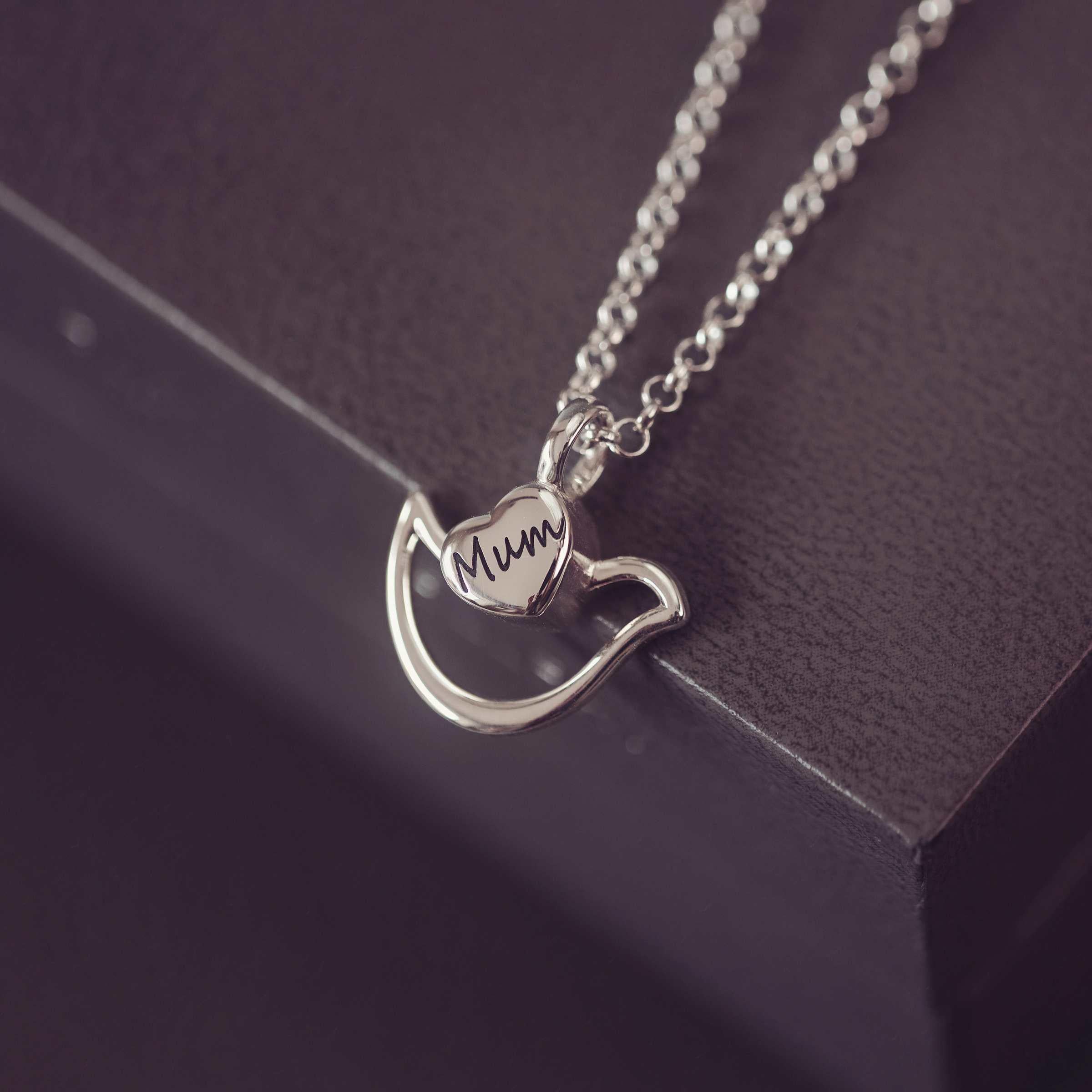 Silver necklace with a dove-shaped pendant on a dark surface