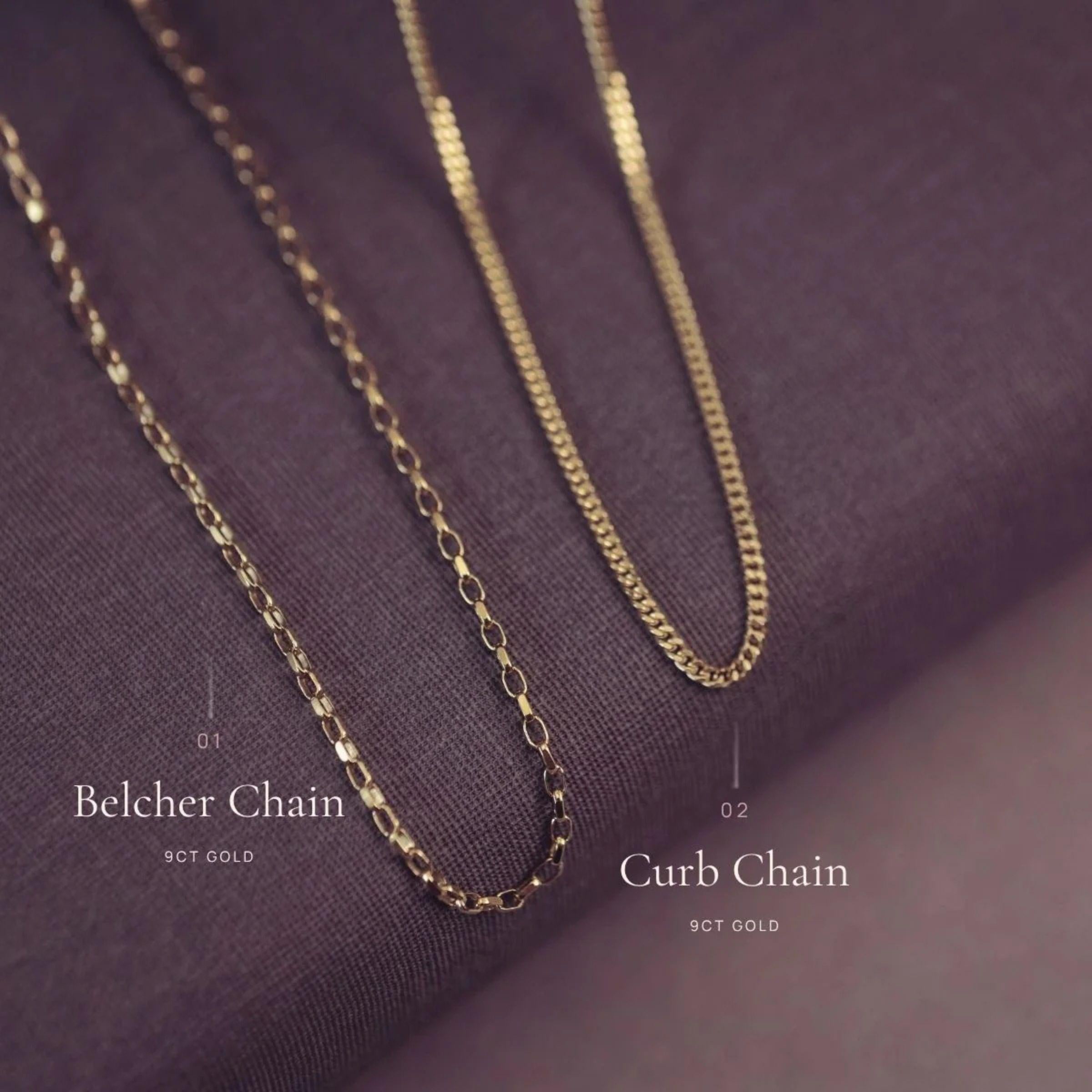 Two gold-tone chain necklaces displayed on a dark purple textured fabric background, labeled as 01 Belcher Chain and 02 Curb Chain, 9CT GOLD.