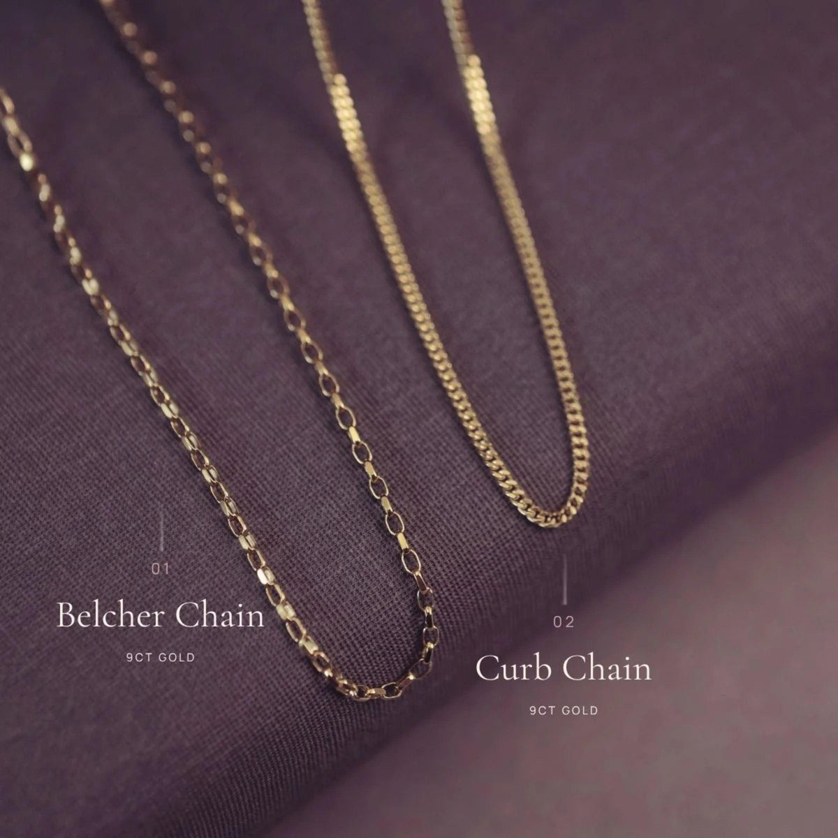 Two gold-tone chain necklaces displayed on a dark purple textured fabric background, labeled as 01 Belcher Chain and 02 Curb Chain, 9CT GOLD.