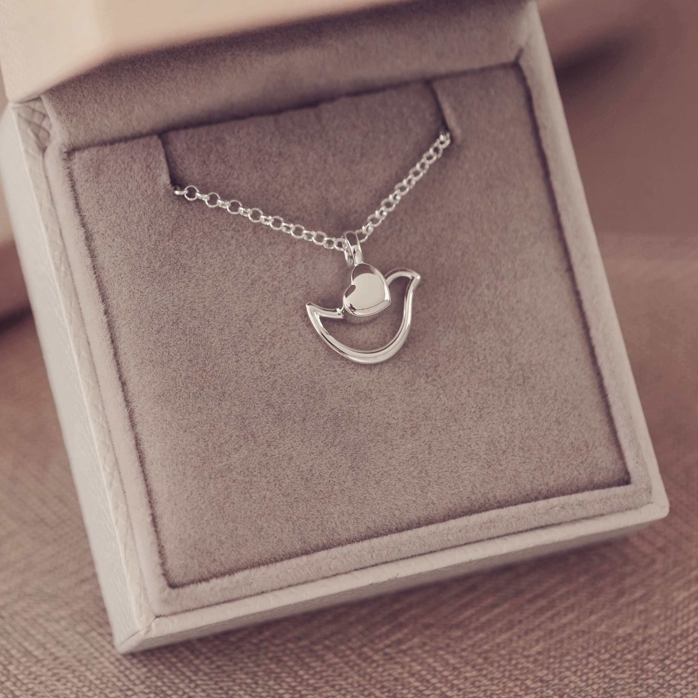Silver necklace in the shape of a dobe with heart-shaped wings in ja jewellery box