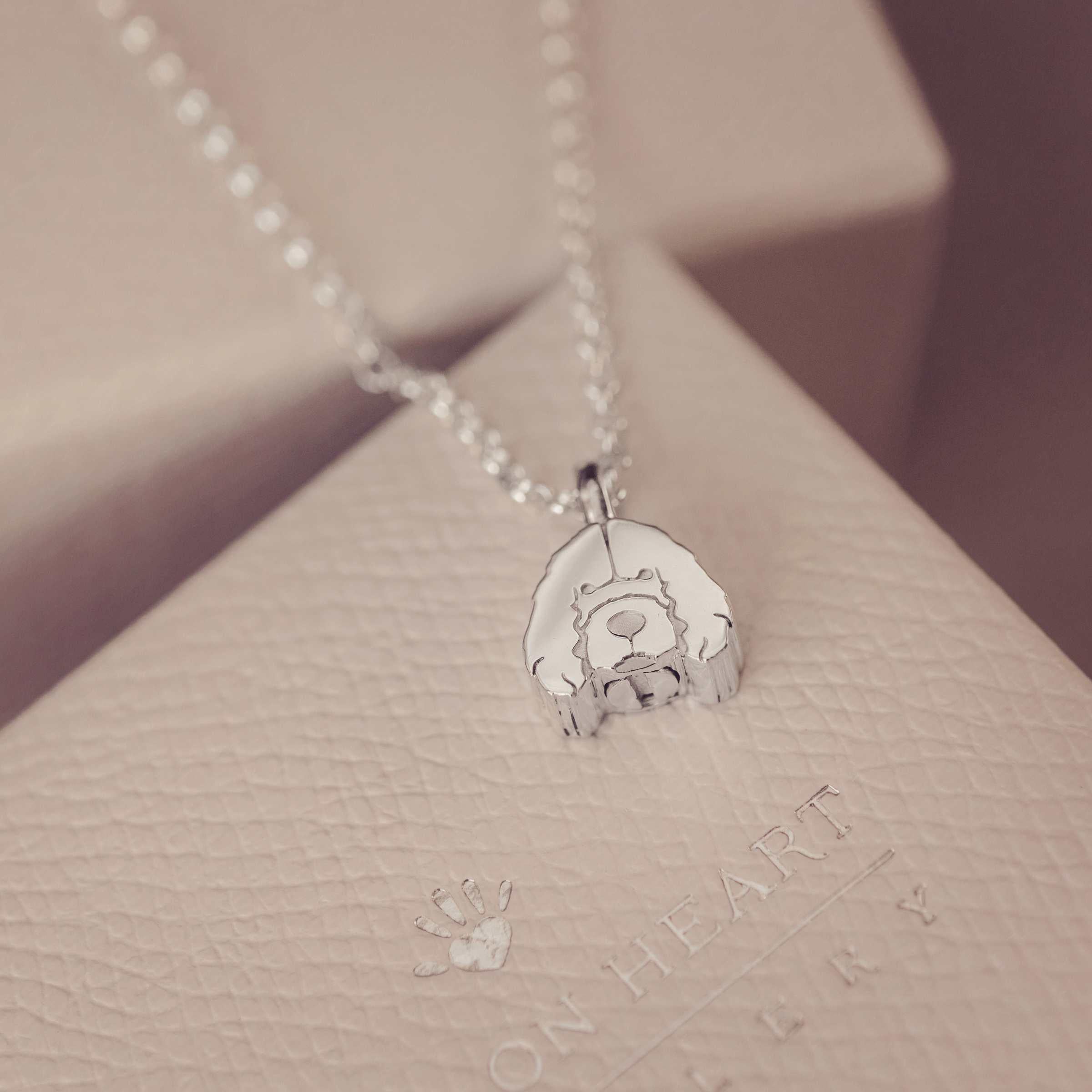 Silver cockerpoo dog necklace with a pendant against a jewellery box