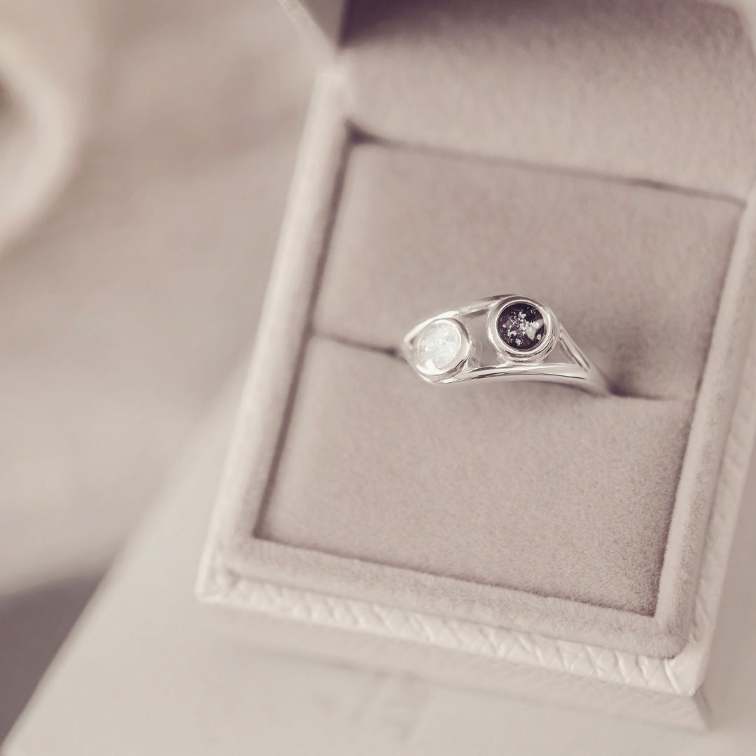 Silver ring with gemstones in a jewelry box