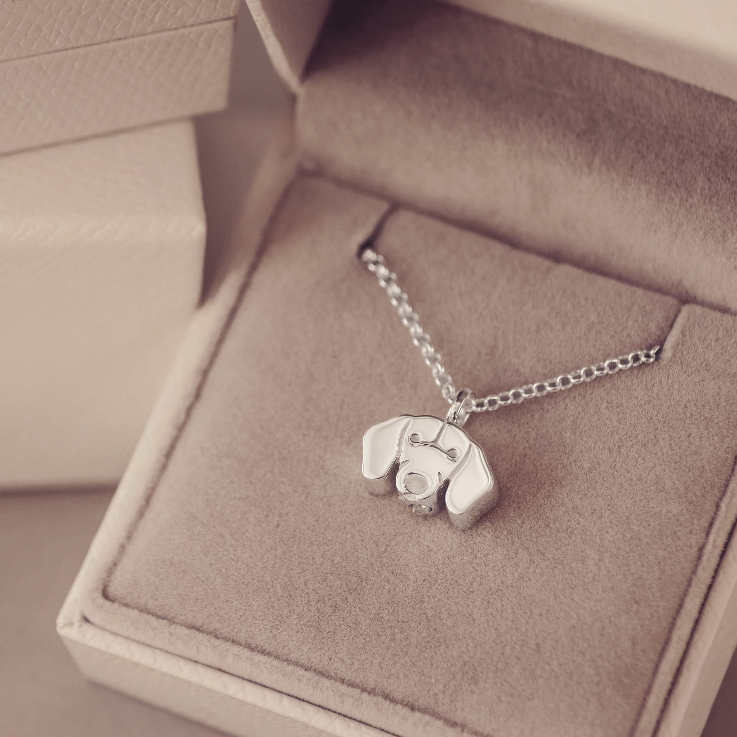 Silver Dachshund dog-shaped pendant necklace in a jewelry box.