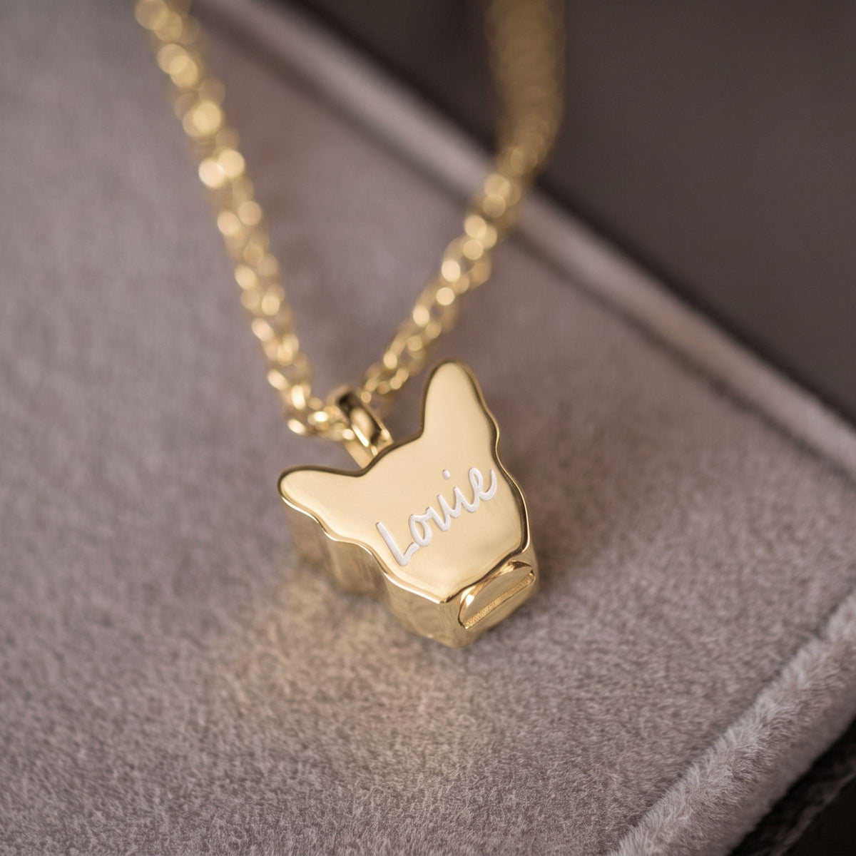 A gold  necklace with a small dog-shaped pendant engraved with the name 'Louie', resting on a gray velvet jewelry box.