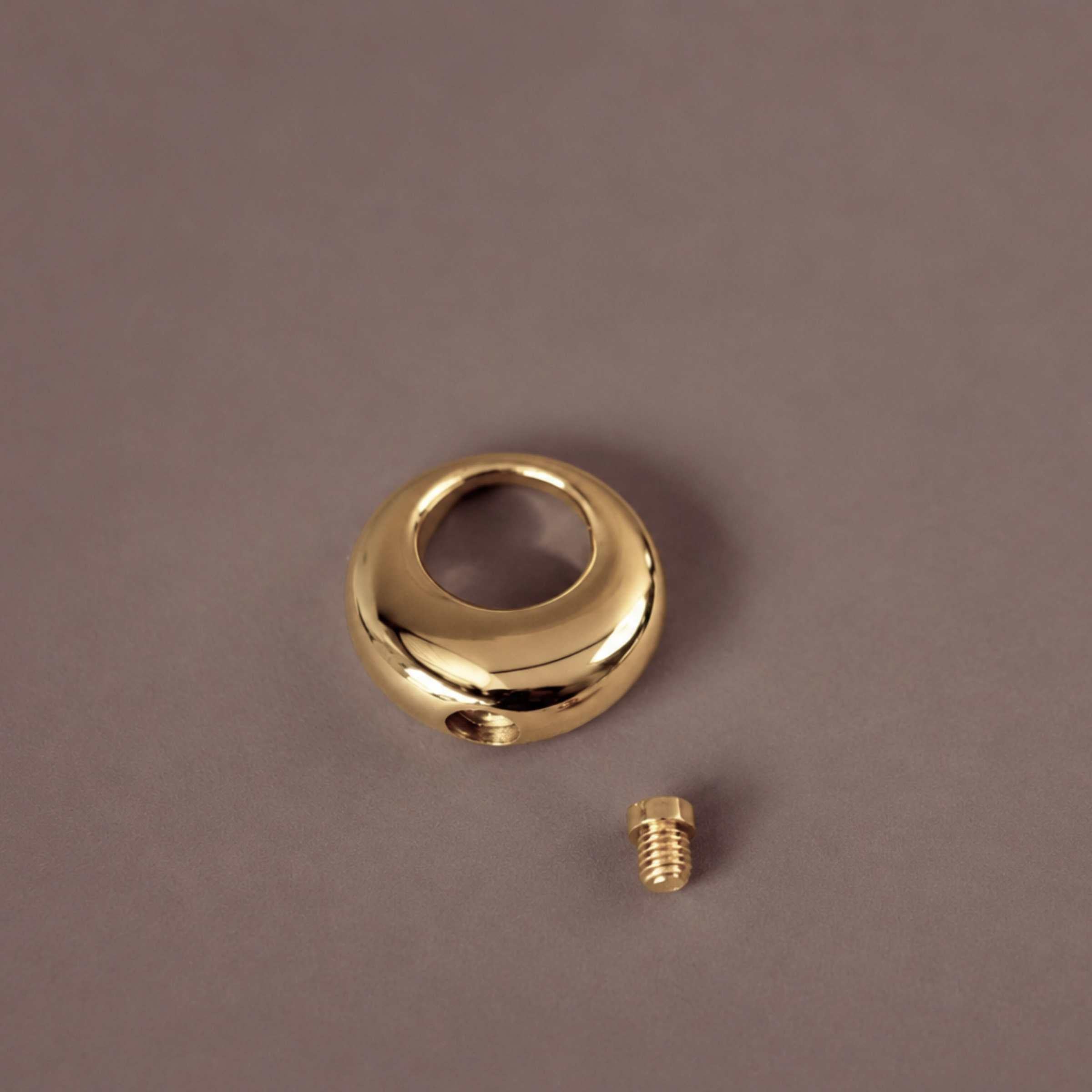 Gold circular metal fitting with a screw on a brown background