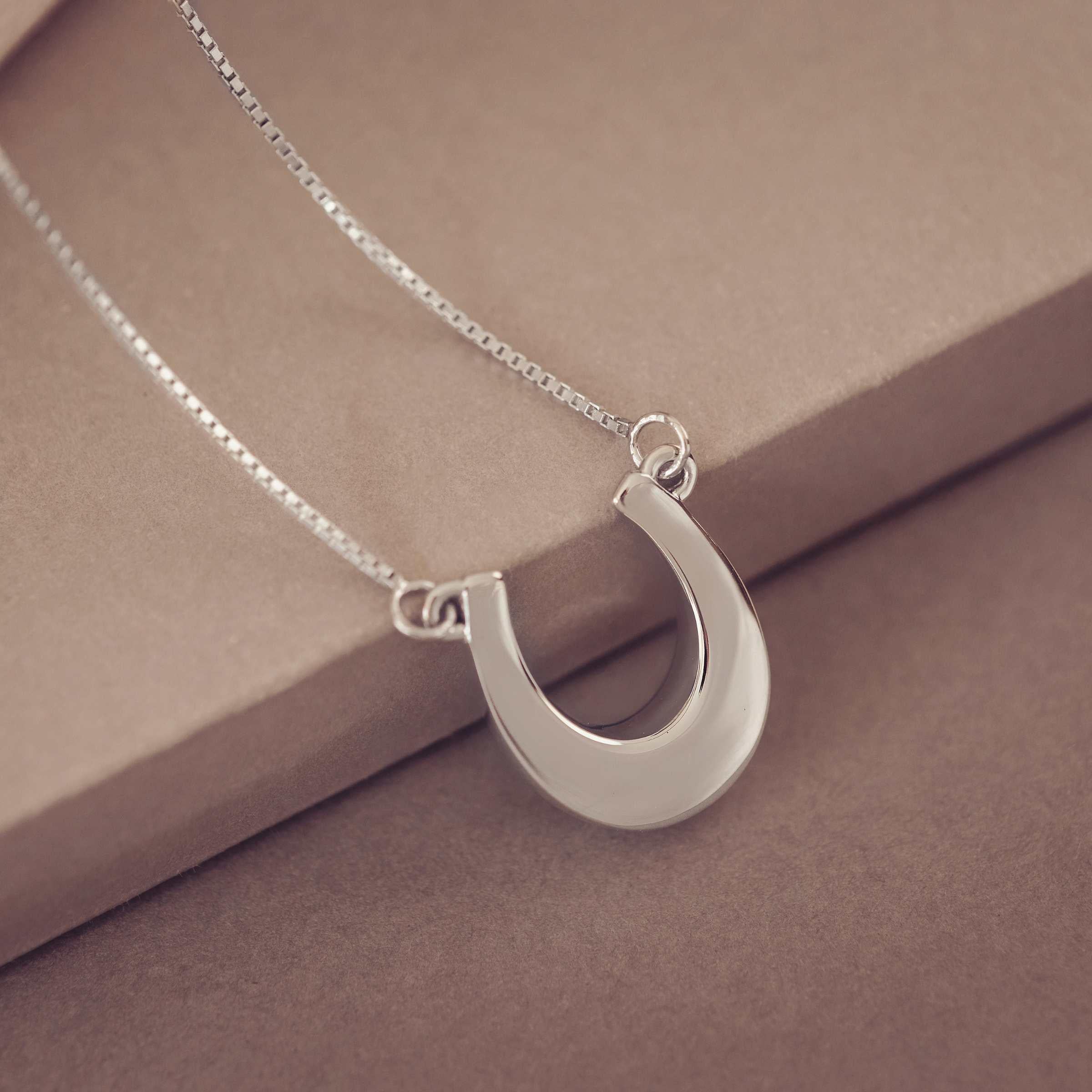 Silver necklace with a horseshoe pendant on a brown surface