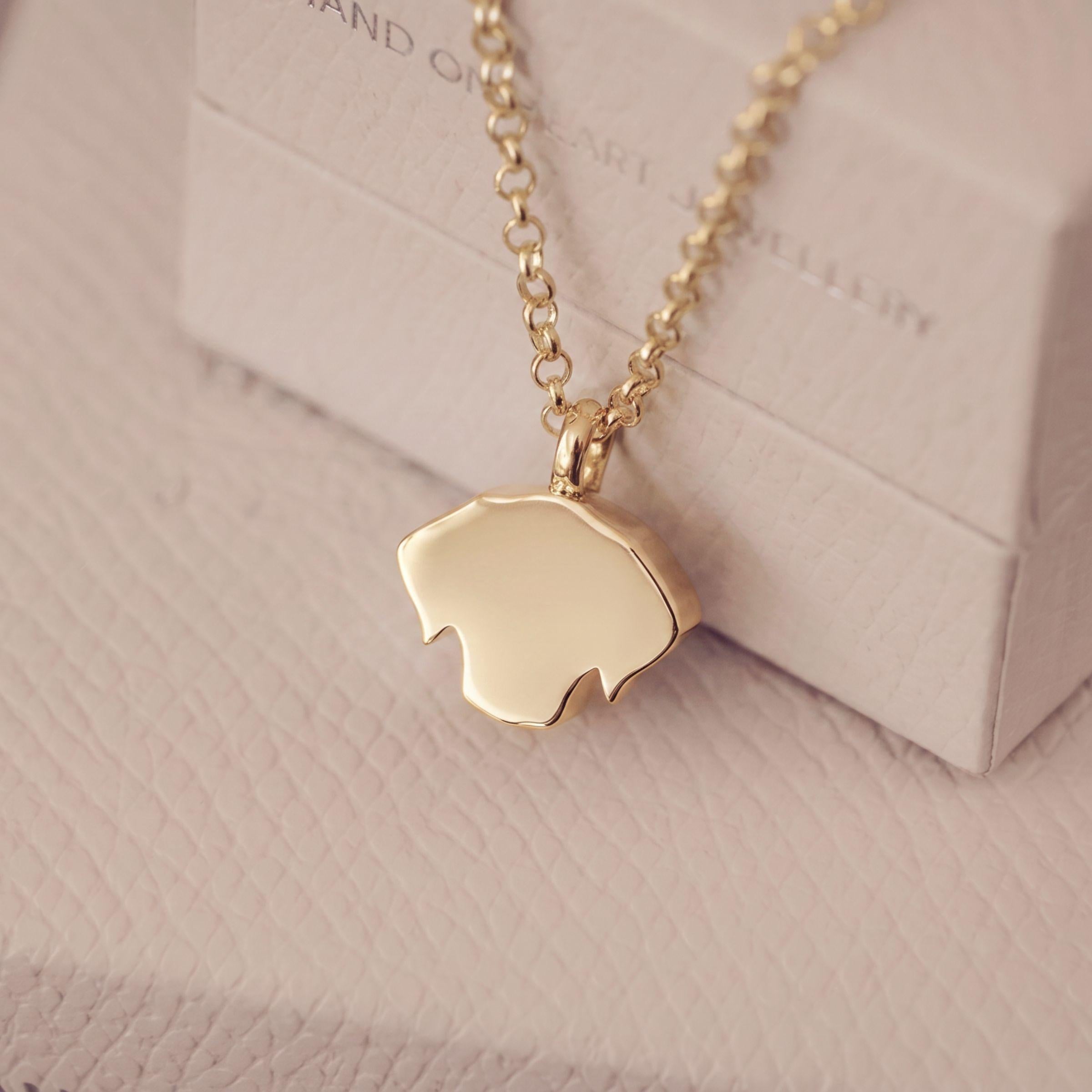 A gold pendant necklace with a polished, minimalist labrador-shaped charm on a delicate gold chain, displayed on a textured light pink surface next to a branded jewelry box.