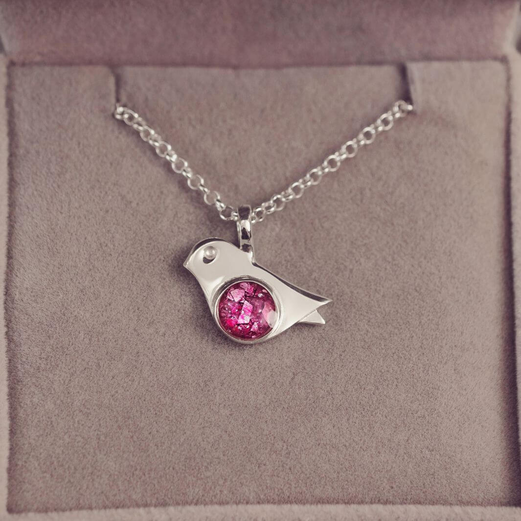 Sterling Silver Robin Bird Necklace, with the centre section filled with cremation ashes