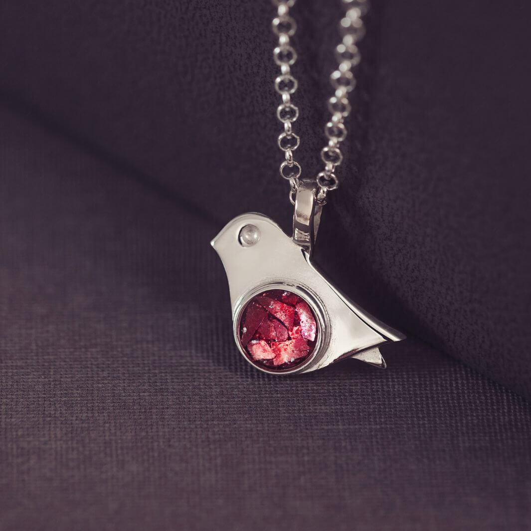 Sterling Silver Robin Bird Necklace, with the centre section filled with cremation ashes