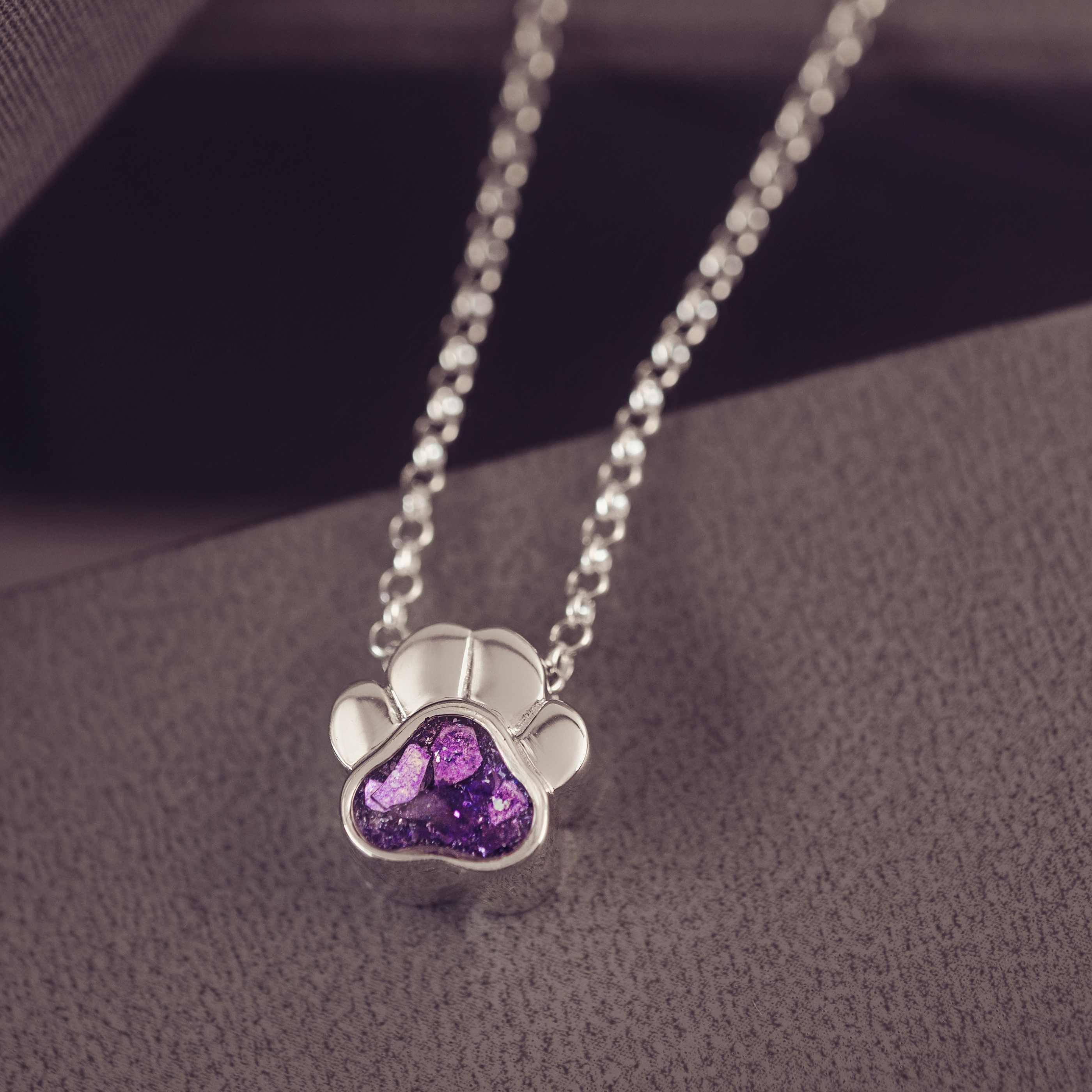 Necklace with a paw-shaped pendant featuring a purple gemstone on a dark background