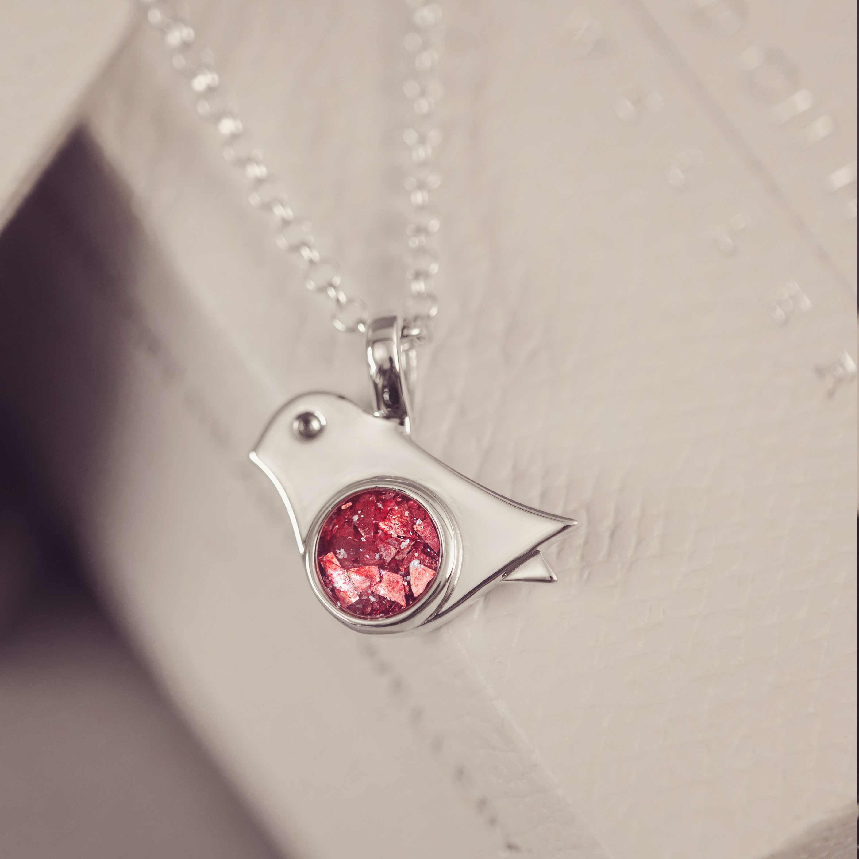 Silver Robin Shaped Necklace with a red gemstone