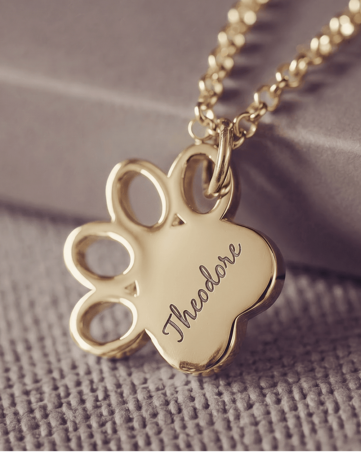 Gold paw-shaped necklace with 'Theodore' engraving on a textured surface