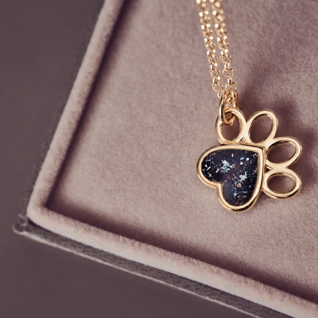 A gold paw-shaped pendant necklace with a heart-shaped center filled with a dark galaxy pattern, resting on a beige jewelry box.