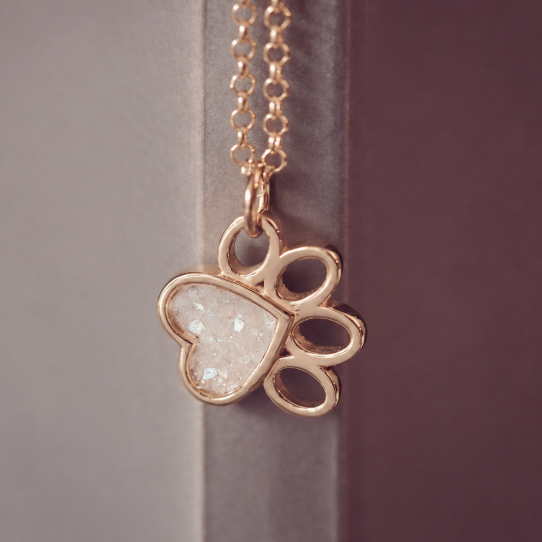 A rose gold paw print pendant necklace with a heart-shaped clear stone inlay, hanging against a dark gray and purple background.