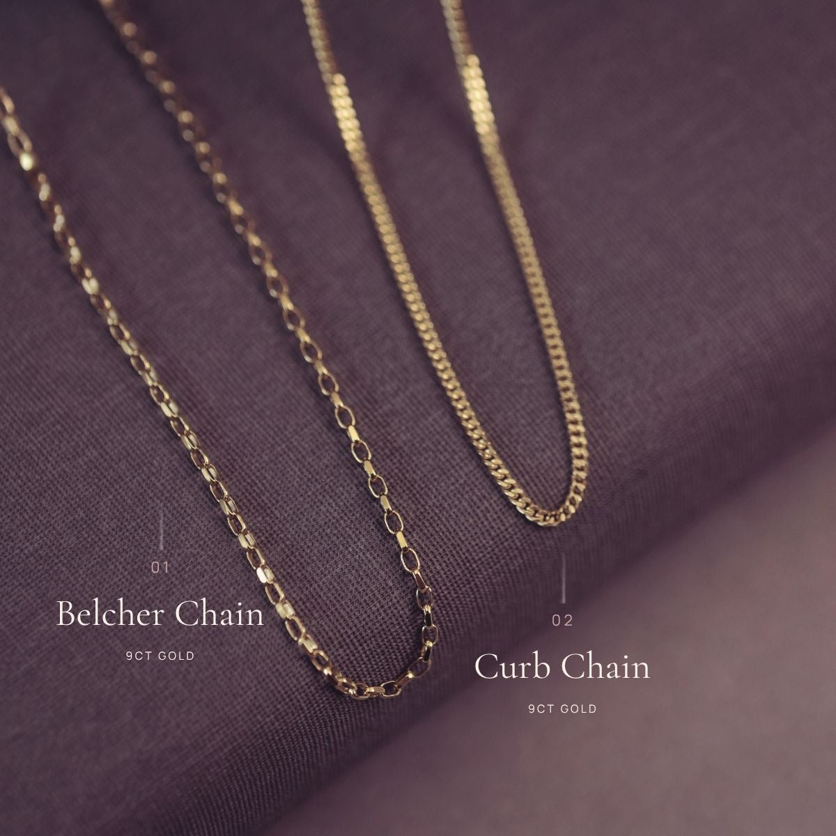 Gold chain necklace on a purple fabric background with 'Curb' and 'Belcher' labels.