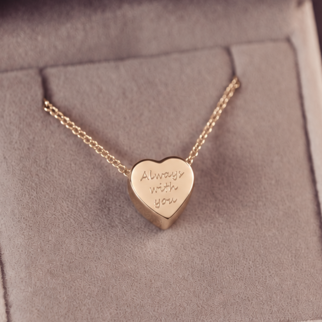 A gold heart-shaped pendant necklace engraved with 'Always with you' on a textured gray jewelry box.