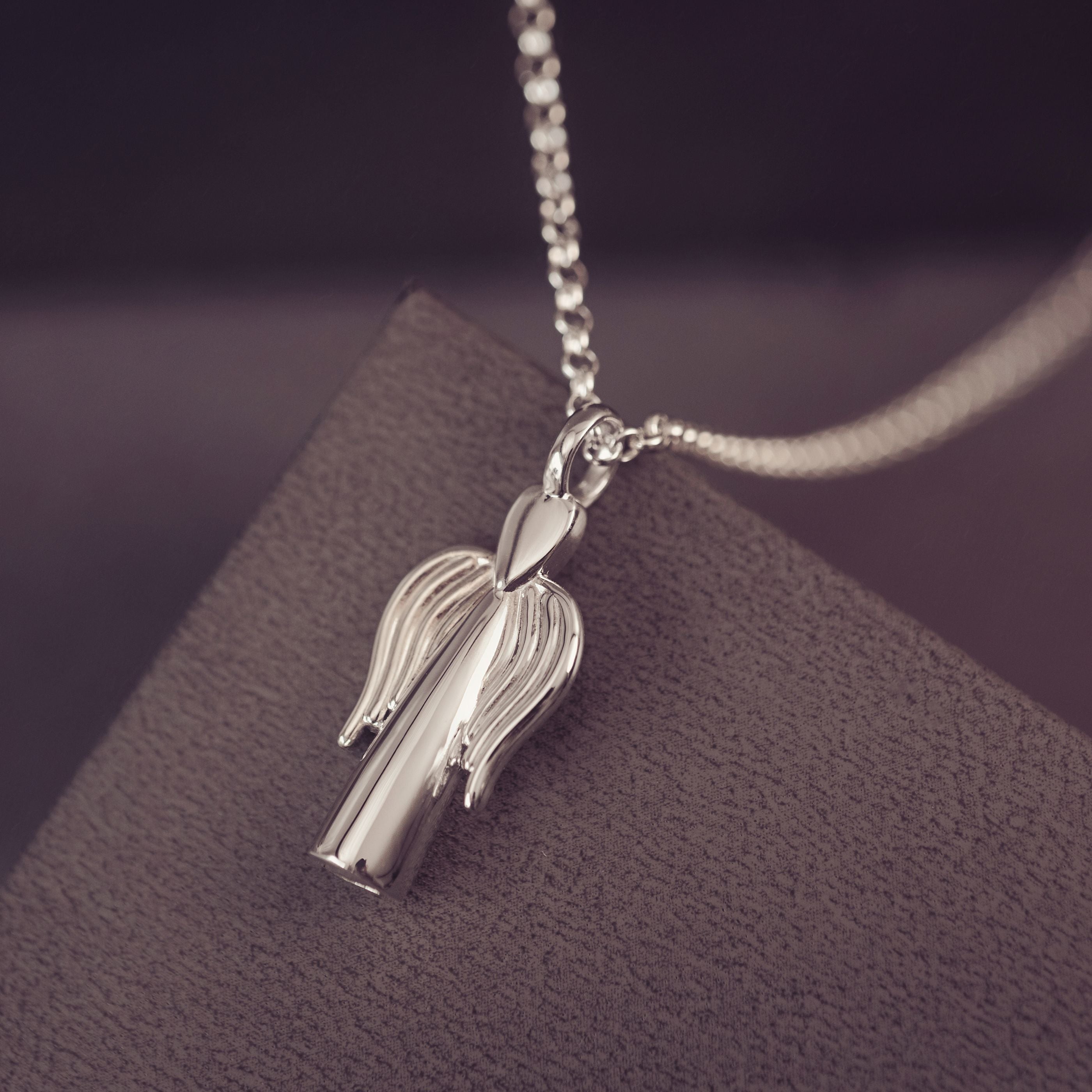 Silver pendant necklace on a dark surface