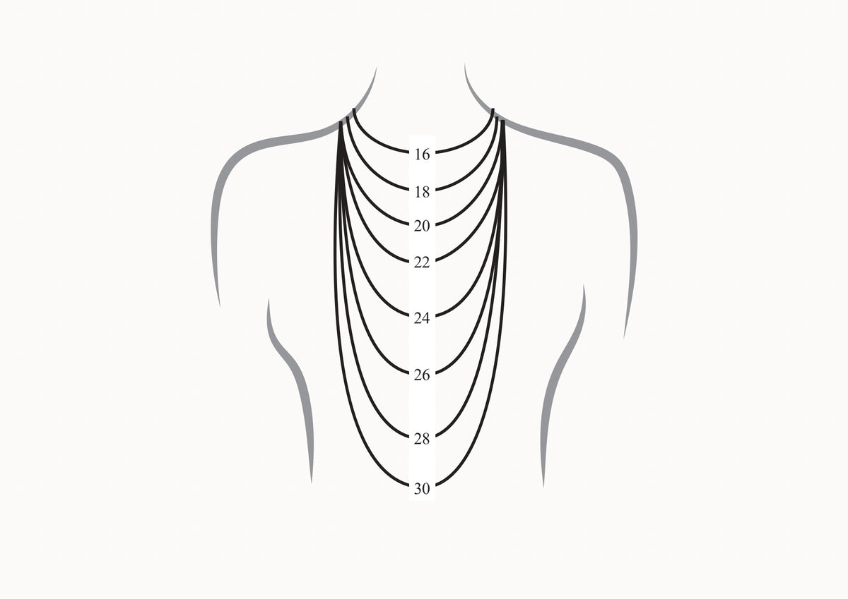 A simple diagram showing a stylized torso outline with multiple necklace layer diagrams and size numbers from 16 to 30 