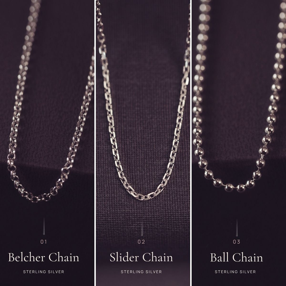Three types of chain necklaces labeled 'Belcher Chain', 'Slider Chain', and 'Ball Chain' on a dark background.