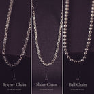 Three types of chain necklaces labeled 'Belcher Chain', 'Slider Chain', and 'Ball Chain' on a dark background.