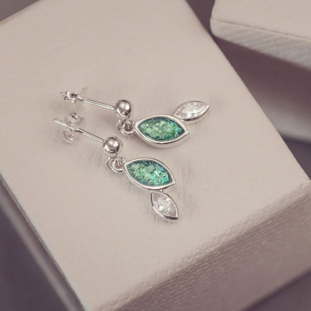 Sterling silver marquise cut earrings, created with cremation ashes, crystal and resin