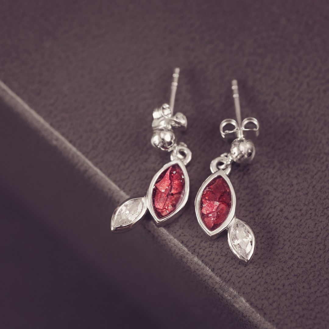 Sterling silver marquise cut earrings, created with cremation ashes, crystal and resin