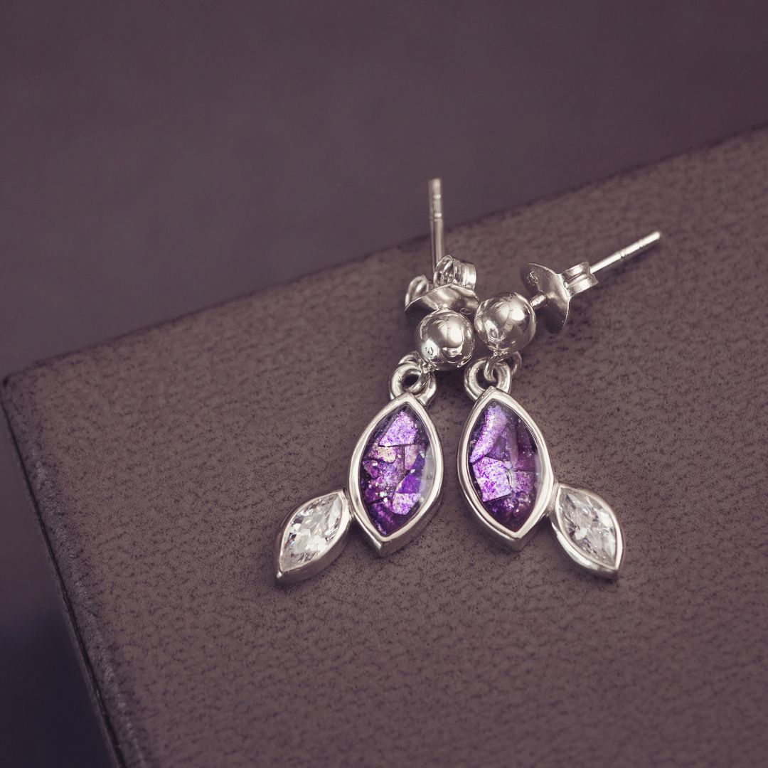 Sterling silver marquise cut earrings, created with cremation ashes, crystal and resin