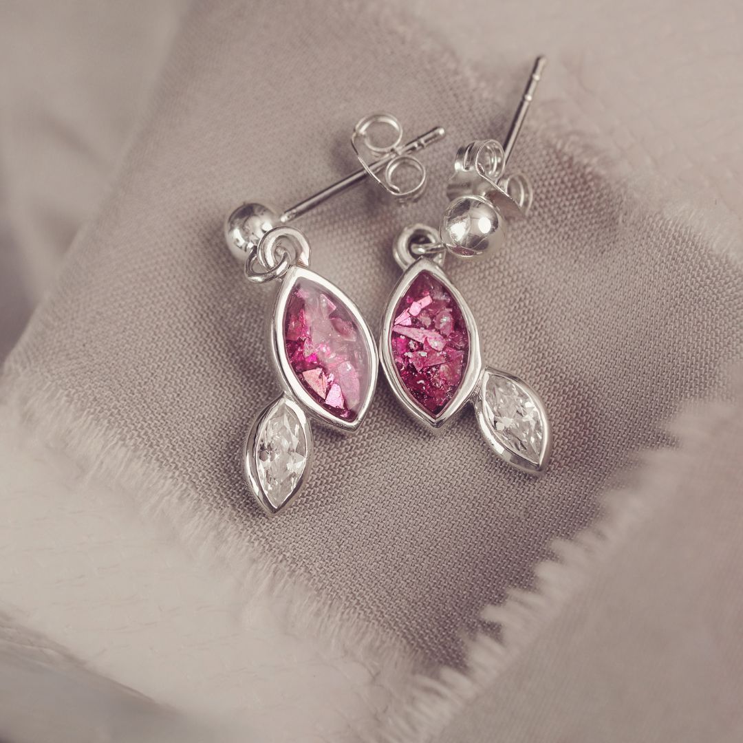 Sterling silver marquise cut earrings, created with cremation ashes, crystal and resin