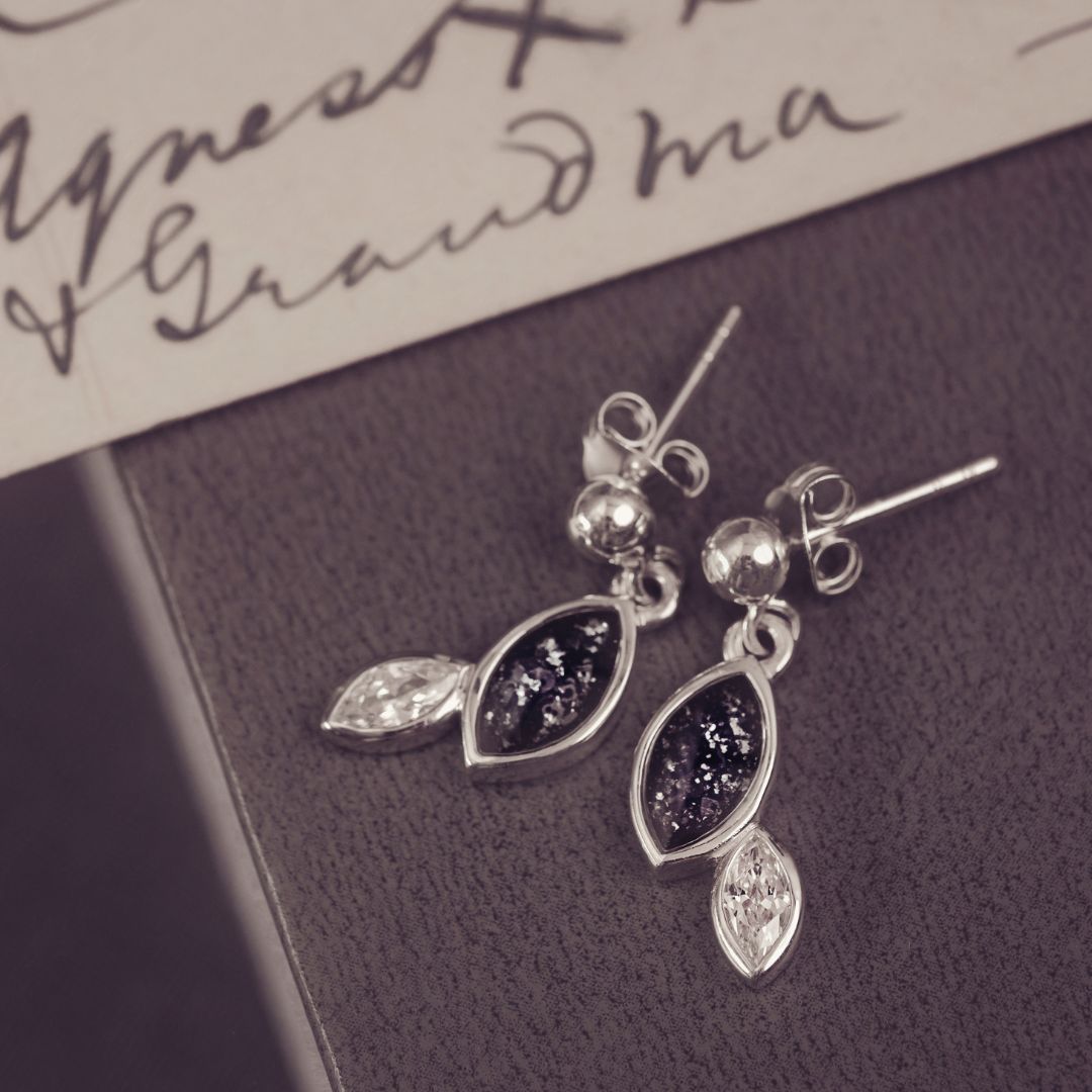 Sterling silver marquise cut earrings, created with cremation ashes, crystal and resin