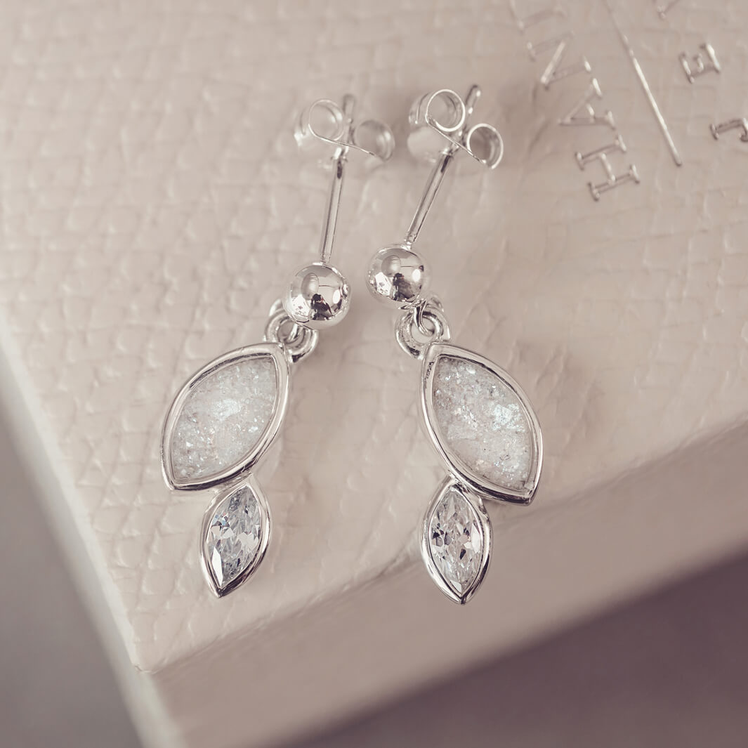 Sterling silver marquise cut earrings, created with cremation ashes, crystal and resin