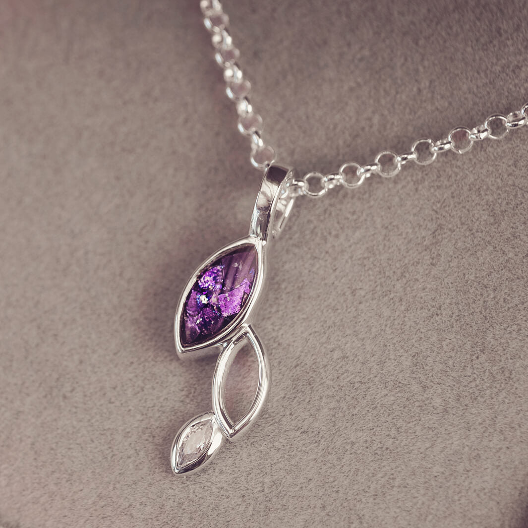 sterling silver necklace featuring gem stone, cremation ashes, purple crystal and resin
