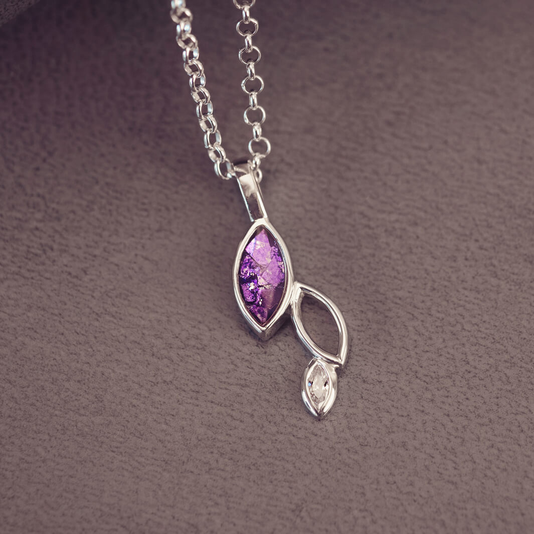 sterling silver necklace featuring gem stone, cremation ashes, purple crystal and resin