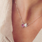 Sterling Silver Butterfly Shaped Necklace filled with pink crystals and cremation ashes, on a silver chain worn round a ladies neck