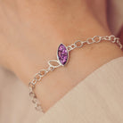Silver Marquise Bracelet with purple crystals and cremation ashes, worn on a ladies wrist