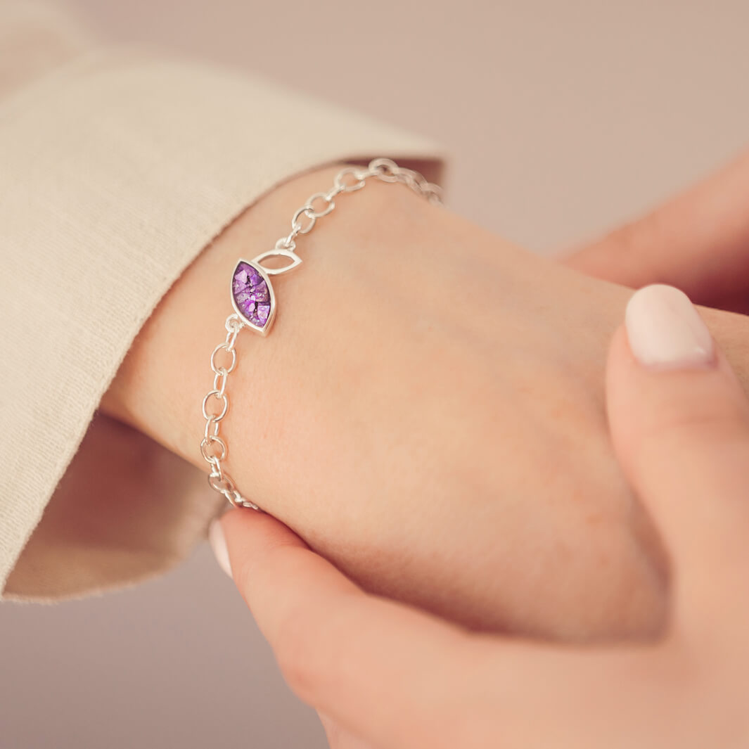 Silver Marquise Bracelet with purple crystals and cremation ashes, worn on a ladies wrist