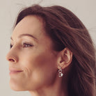 Silver Heart Dangle Earrings, holding cremation ashes, with clear crystals. Worn in a ladies ear.