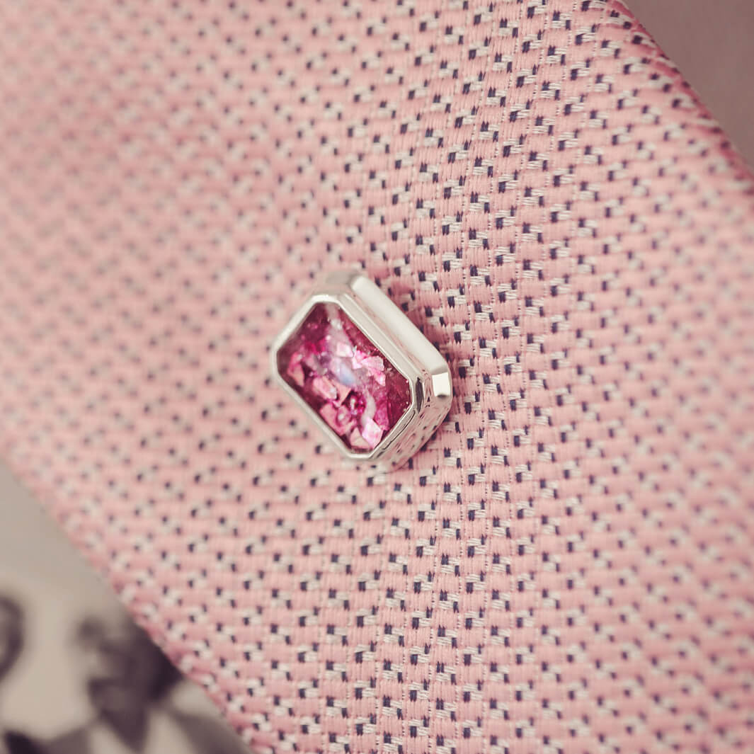 silver tie pin, created with pink crystals, resin and cremation ashes. 
