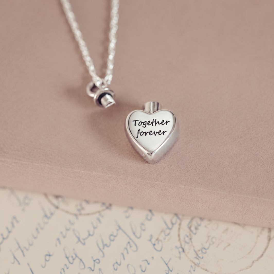 A silver heart pendant necklace engraved with 'Together forever' in black script, resting on a dusty pink textured surface over a vintage handwritten letter.
