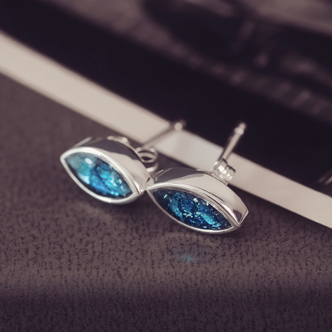 sterling silver marquise cut stud earrings, created with cremation ashes, blue crystal and resin