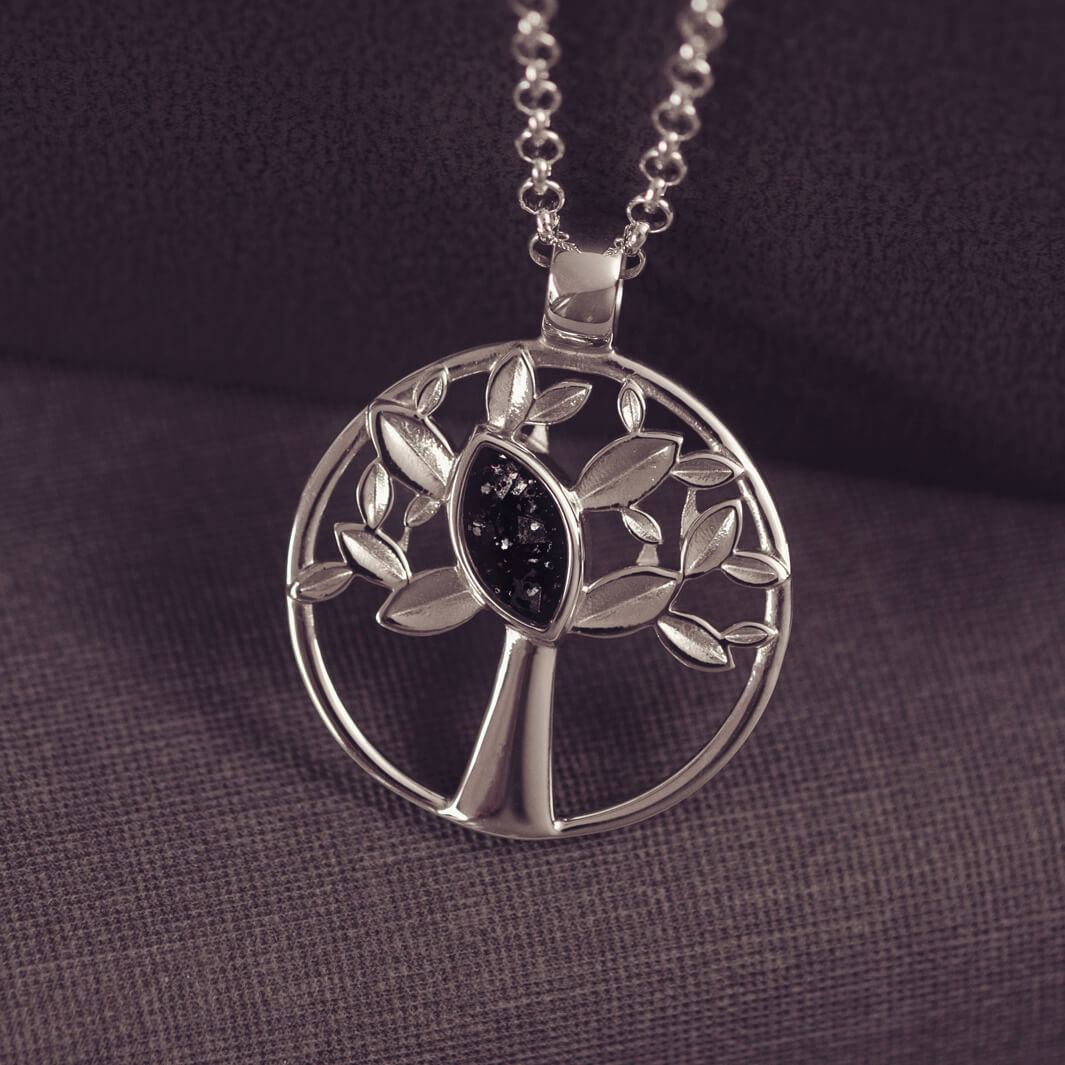 Silver Tree of Life Necklace with black section to hold cremation ashes