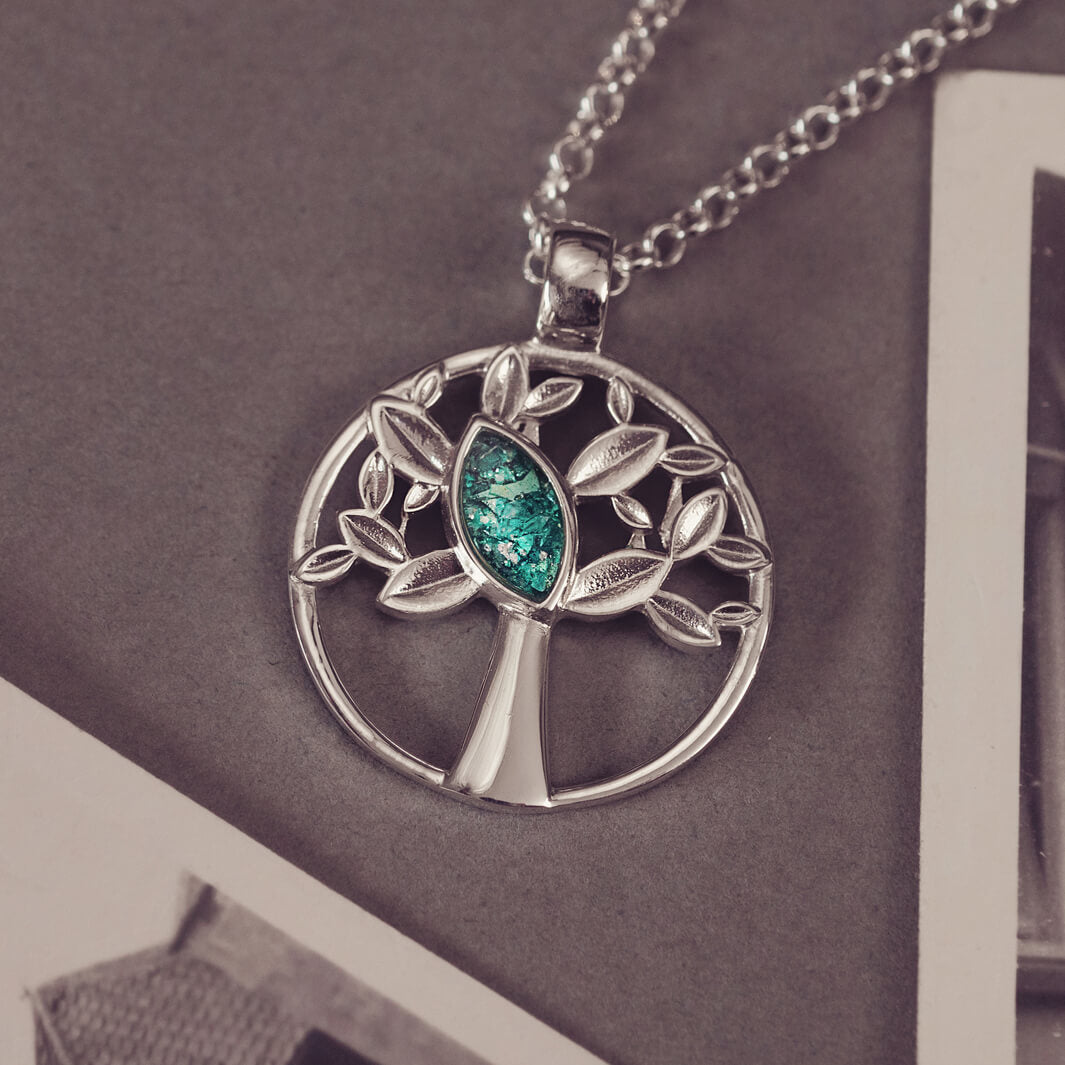 Silver Tree of Life Necklace with green section to hold cremation ashes