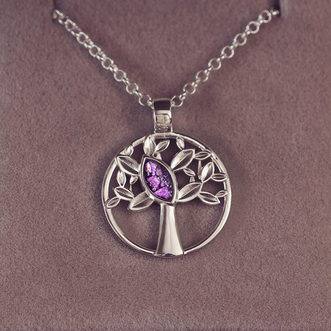 Silver Tree of Life Necklace with purple section to hold cremation ashes