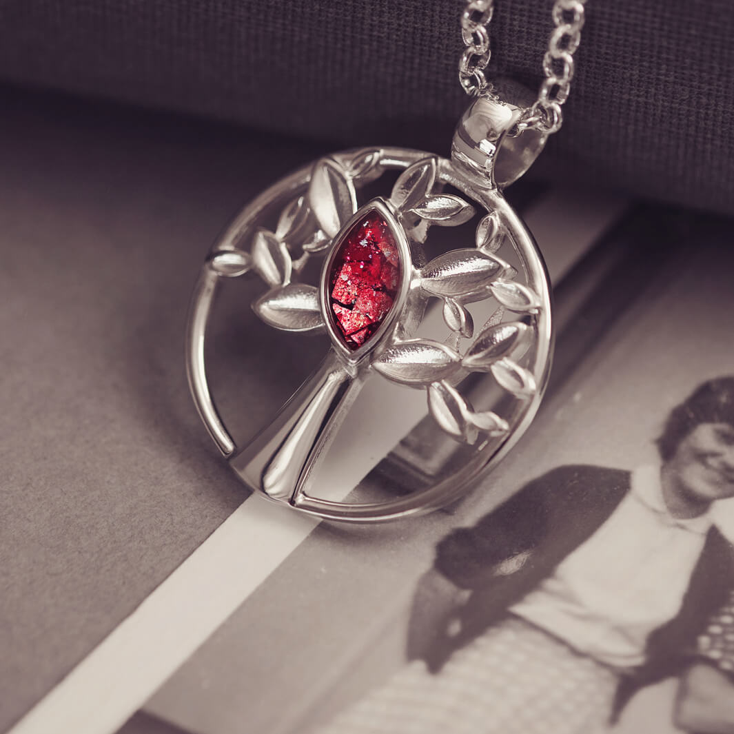 Silver Tree of Life Necklace with red section to hold cremation ashes