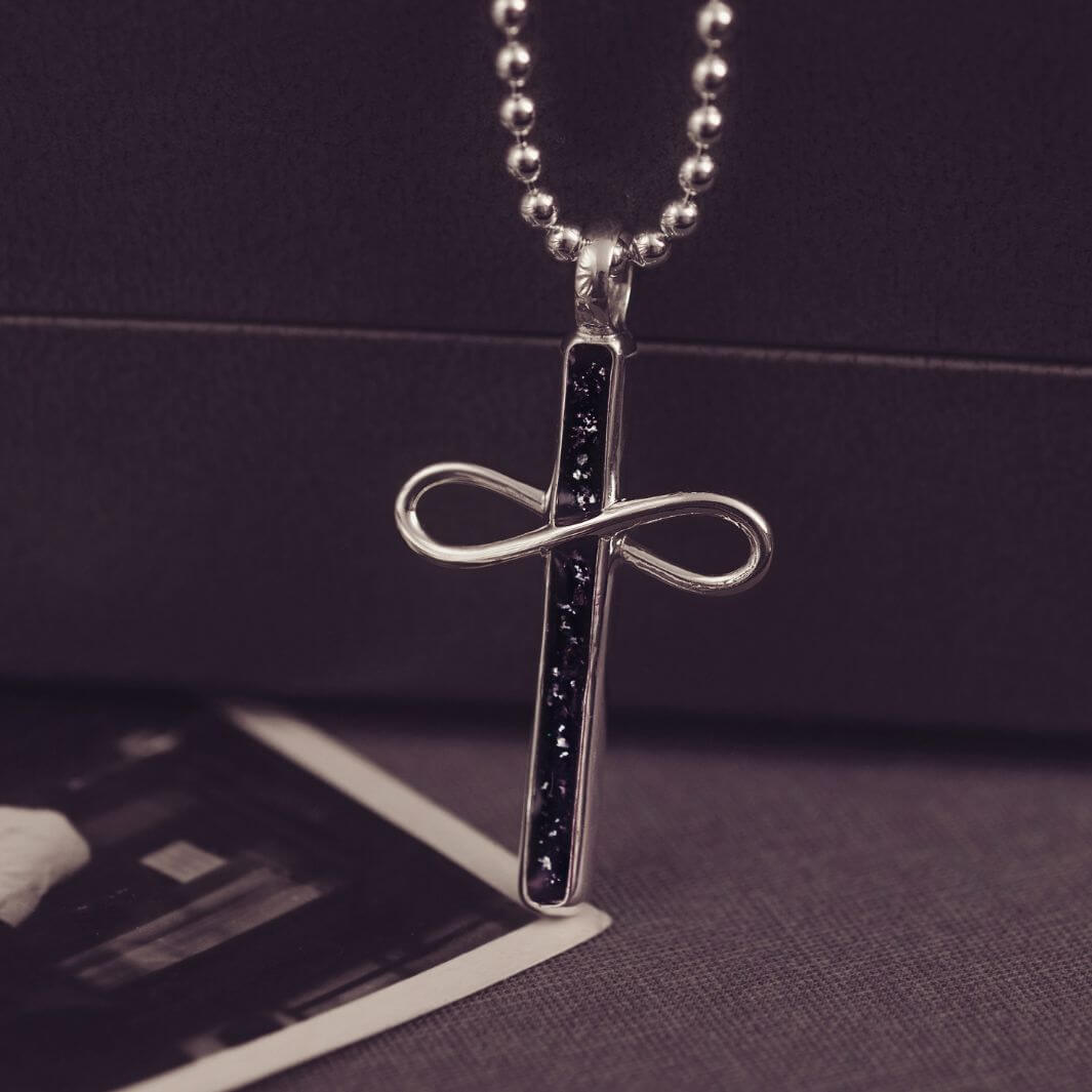 Sterling Silver Cremation Ashes Cross Necklace, filled with cremation ashes, crystal and resin. On a silver ball chain.